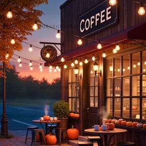May include: An inviting coffee shop exterior at dusk, adorned with string lights and pumpkins. The shop features a "COFFEE" sign, a red awning, and outdoor seating with small tables and stools. The scene evokes a cozy autumn atmosphere.