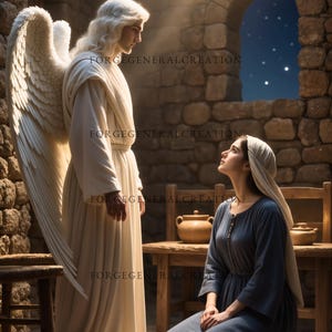 May include: A digital illustration depicts an angel with large white wings facing a woman kneeling in prayer. The angel wears a white robe, and the woman is in a blue dress. The scene is set in a stone room with a starry night visible through a window.