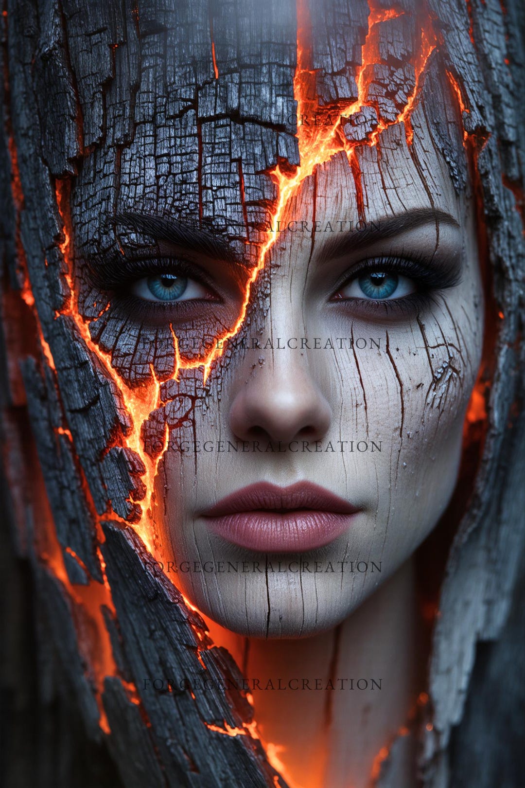 Ember Woman Portrait – Fiery Female Face Wall Art, Charred Wood ...