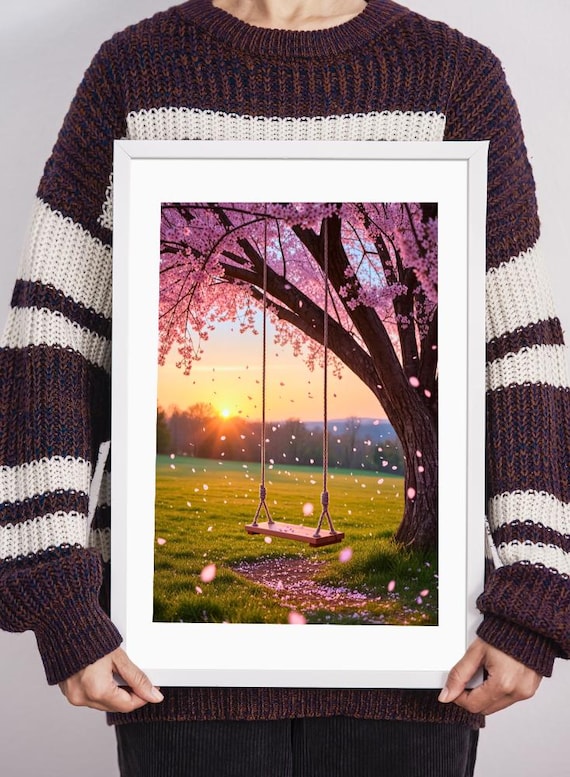 Cherry Blossom Swing Wall Art | Romantic Sunset Garden | Enchanted