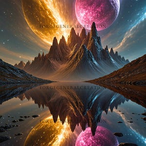 Könnte beinhalten: Digitales Kunstwerk, das eine kosmische Landschaft mit einer Bergkette zeigt, die sich in einem See spiegelt. Zwei Planeten, einer rosa und einer goldenen, sind am Himmel. Das Bild hat eine surreale, andere Weltliche Atmosphäre mit dem Text "FORGEGENERALCREATION" wiederholt.