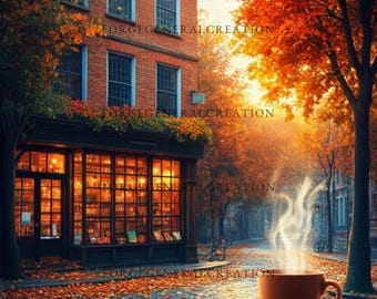 Puede incluir: Escena otoñal con un edificio de ladrillo, una librería y una taza de café humeante sobre una mesa de madera. Los árboles están llenos de hojas naranjas y rojas. El ambiente es cálido y acogedor, con hojas caídas.