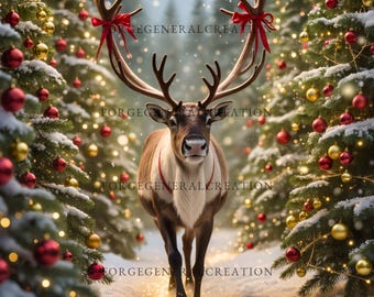 May include: A reindeer walks toward the viewer through a snowy path, framed by Christmas trees adorned with red and gold ornaments. The reindeer has large antlers with red bows and a red harness. Snow falls gently, and the scene is illuminated with golden lights.