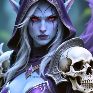 Op de afbeelding: Digitale fantasy-kunstafbeelding van een vrouwelijk personage met blauwe huid, wit haar en rode ogen. Ze draagt een paarse capuchon en harnas met een schedel schouderstuk. De afbeelding heeft de tekst "FORGEGENERALCREATION" op de achtergrond.