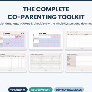 以下が含まれることがあります： THE COMPLETE CO-PARENTING TOOLKITというテキストが記載されたデジタル共同育児ツールキット。ピンクと青のグリッドが入った2026年1月のカレンダー2枚、連絡ログ、月間経費ログ、マスターパッキングチェックリスト、旅行通知フォームの6つのドキュメントテンプレートが含まれています。