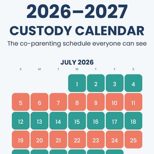 Op de afbeelding: Een 2026-2027 omgangskalender met de tekst 'The co-parenting schedule everyone can see' en een rooster voor juli 2026. De kalender bevat een kleurgecodeerd systeem met afgeronde vierkanten in blauwgroen en koraal voor de individuele dagen.