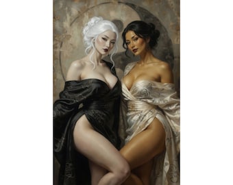 Yin Yang Pin Up Poster | Sensual Duality Fantasy Art Print | Elegant Feminine Kimono Decor