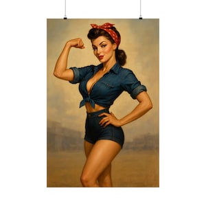 Vintage Rosie the Riveter Style Pin Up Girl Poster | Retro Feminist Art Print for Wall Decor | Strong Woman WWII Propaganda Artwork