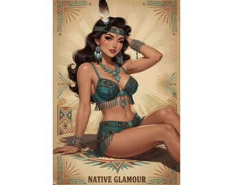 Native Glamour Pin Up Poster | Vintage Western Tribal Art Print | Boho Cowgirl Wall Decor