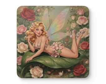 Fairy Pin Up Coasters | Vintage Floral Rose Art Drinkware Set