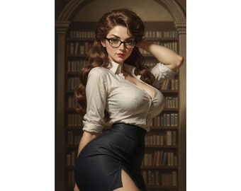 Vintage Librarian Pin Up Poster | Retro Library Wall Art, Dark Academia Print