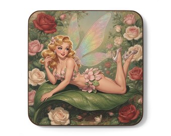 Vintage Fairy Pin Up Coaster | Retro Floral Rose Fantasy Art Drink Coaster