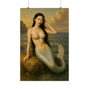 Romantic Mermaid Poster | Ocean Fantasy Art Print | Mythical Sea Siren Wall Decor | Coastal Aesthetic | Vintage Style Mermaid Artwork