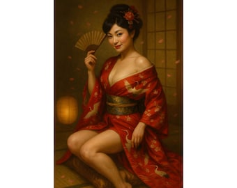 Geisha Pin up Poster | Vintage Japanese Red Crane Kimono Art