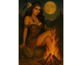 Native American Woman Campfire Art Print | Moonlit Wilderness Poster | Pin Up
