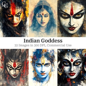 May include: Digital art print featuring six portraits of Indian goddesses. Each portrait shows a different goddess with unique facial features, adorned with traditional jewellery and markings. The image includes the text "Indian Goddess" and details about the image.