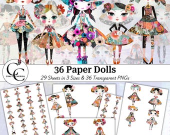 Quirky Paper Doll Clipart: Transparent PNG Bundle for Junk Journals (Digital Download)