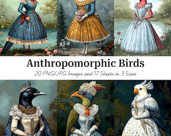 Anthropomorphic Bird Images: Victorian Style, Junk Journals (Digital Download)
