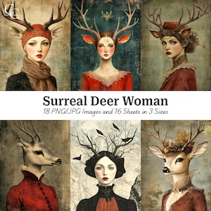 18 imágenes imprimibles de mujeres ciervo surrealistas, retratos extraños de personas ciervo, manualidades de papel, diario basura, álbum de recortes, descarga digital, alta calidad, CU