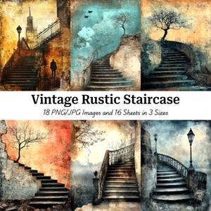 May include: A collage of six vintage-style images featuring rustic staircases. Each image showcases a weathered staircase with varying color palettes, including warm oranges, blues, and muted tones. The text "Vintage Rustic Staircase" is displayed.