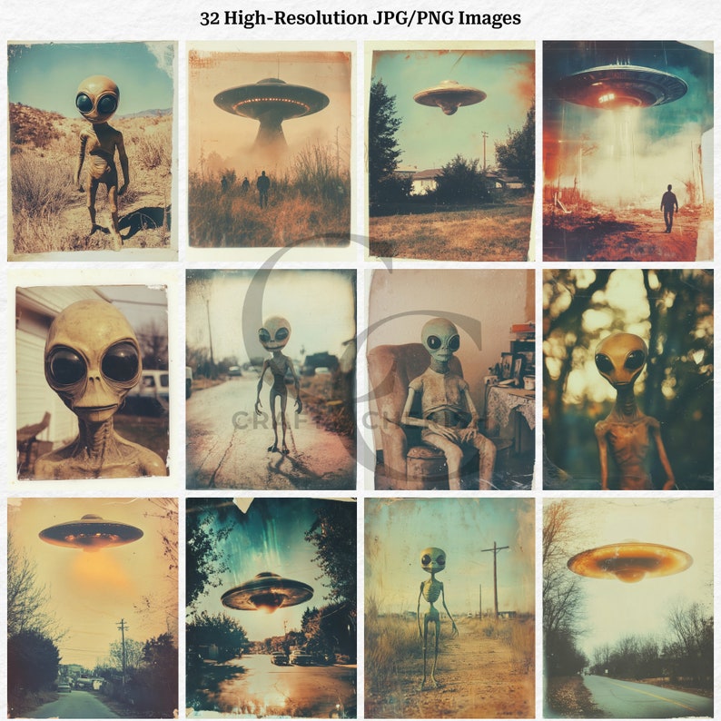 May include: A collection of 12 vintage-style digital art prints featuring extraterrestrial beings and flying saucers. The images have a retro aesthetic with faded colors and a grainy texture, evoking a sense of nostalgia and mystery.