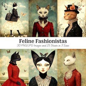 30 images imprimables de fashionistas félines, illustrations de chats à la mode, créations en papier, journal, scrapbooking, haute qualité, téléchargement numérique, CU