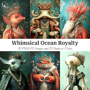 30 illustrazioni fantasiose di personaggi reali dell'oceano, personaggi fantasy sottomarini, creazioni di carta, diario di scarto, album di ritagli, alta qualità, download digitale