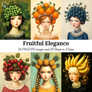 24 grillige vrouwen met fruit, surrealistische vrouw met fruit portret, fruitkroon vrouw, papierkunst, dagboek, hoge kwaliteit, digitale download