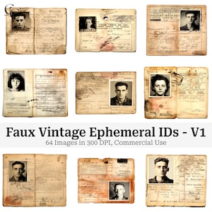 Images d'identité éphémères fausses vintage - Vol 1, ancienne collection de pièces d'identité vintage, créations en papier, journal indésirable, scrapbooking, haute qualité, téléchargement numérique