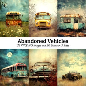 32 imágenes de vehículos abandonados, vehículo antiguo en ruinas, imágenes imprimibles, manualidades de papel, álbumes de recortes, diarios, alta calidad, descarga digital, CU