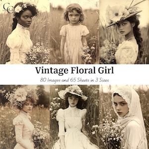 80 Vintage Floral Girl Images, Vintage Girls and Ladies with Wildflowers, Floral Accent Sepia-Toned, Paper Craft, Journaling, Scrapbooking