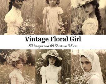 80 Vintage Floral Girl Images: Sepia Wildflower Art (Digital Download)