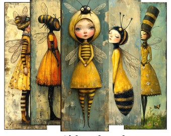 Bee Girl Bookmarks Digital Art: Whimsical Woman for Junk Journals (Digital Download)