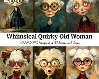 Funny Old Ladies Clipart, Vintage Grandma Portrait, Junk Journal Ephemera, Digital Download