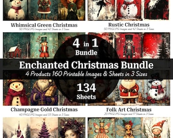 Può includere: Un pacchetto di arte digitale con quattro temi natalizi: Whimsical Green, Rustic, Champagne Gold e Folk Art. I temi presentano immagini di pupazzi di neve, Babbo Natale, fate e altri elementi festivi. Il pacchetto include 160 immagini e fogli stampabili.
