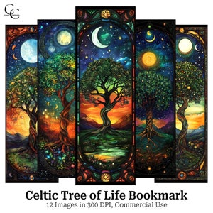 May include: A set of five vertical bookmarks featuring a Celtic Tree of Life design. Each bookmark showcases a different night sky scene with a tree, moon, and stars. The bookmarks have a stained-glass style with vibrant colors and intricate details.