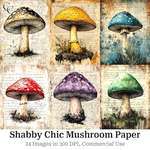Papier imprimable champignon shabby chic, Images de champignons vénéneux des champs, Créations en papier, Carnets indésirables, Scrapbooks, Téléchargements numériques, Haute qualité, CU