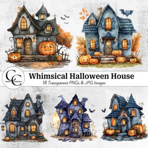16 Whimsical Halloween House Images, Cute Spooky House, Halloween Illustration Digital Downloads for Papercrafts, Journals & Scrapbooks