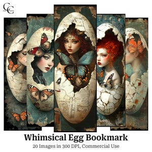 Marcapáginas de 20 huevos caprichosos, arte surrealista de fantasía, mujer surrealista, manualidades de papel, diario basura, álbum de recortes, alta calidad, descarga digital, CU