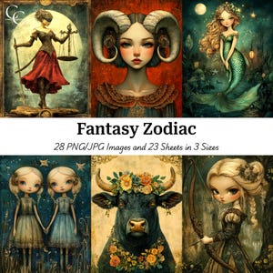 28 Arte Antropomórfica do Zodíaco de Fantasia, Personagens Celestiais, Artesanato em Papel, Diário de Junção, Álbum de Recortes, Alta Qualidade, Download Digital, CU