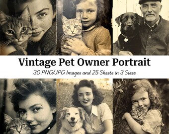 Könnte beinhalten: Eine Sammlung von Vintage-Schwarz-Weiß-Porträts mit Menschen und ihren Haustieren. Die Bilder zeigen verschiedene Tiere, wie Katzen und Hunde. Der Text "Vintage Pet Owner Portrait" ist zu sehen.