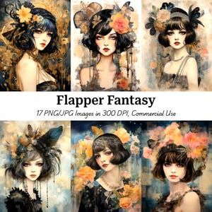 17 Whimsical Flapper Girl Printable Images, Retro Boho Flapper Art, Paper Craft, Junk Journals, Scrapbooks, Digital Downloads, High Quality