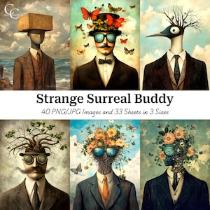 May include: A digital art print featuring six surreal portraits of figures with unusual headwear and features. The text "Strange Surreal Buddy" is displayed in a bold font, along with details about the image files.