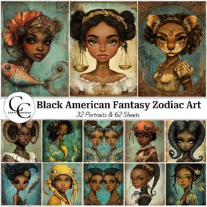 32 Black American Fantasy Zodiac Anthropomorphic Art, Afro-American Celestial Characters, Papercraft, Journals, Scrapbooks, Digital Download