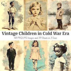 May include: A digital art collection featuring vintage portraits of children from the Cold War era. The images showcase children in various outfits, with a soft, artistic style. The text reads "Vintage Children in Cold War Era".
