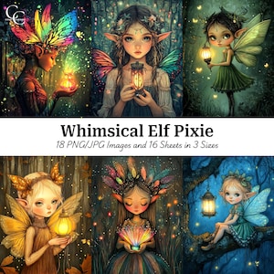 May include: Digital art featuring whimsical elf pixies with butterfly wings, holding lanterns and glowing lights. The image includes the text "Whimsical Elf Pixie" and details about the image sizes and formats.