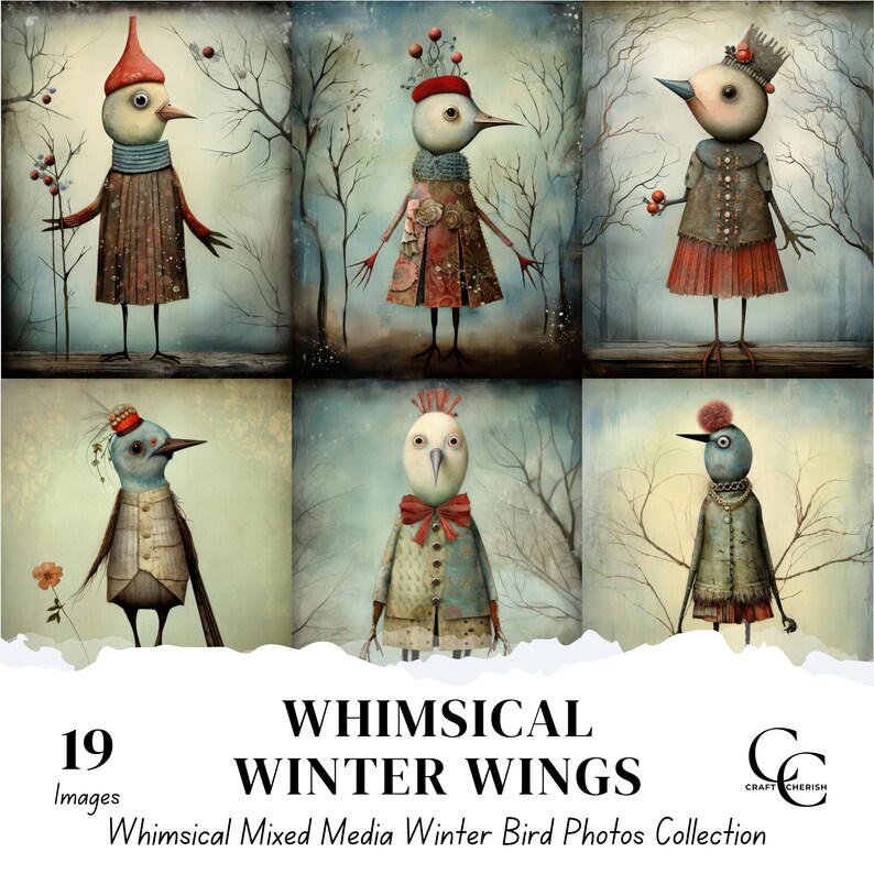 19 Whimsical Winter Birds Printable Images, Fantasy Bird Art, Paper