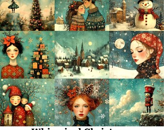 May include: A collection of nine whimsical Christmas-themed illustrations. Each image features a unique winter scene with elements like a decorated Christmas tree, a snowman, and portraits of people. The text "Whimsical Christmas" is displayed at the bottom.