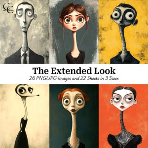 Femme et homme fantaisiste au long cou, portrait drôle de dessin animé surréaliste, créations en papier, journal indésirable, scrapbooking, haute qualité, téléchargement numérique