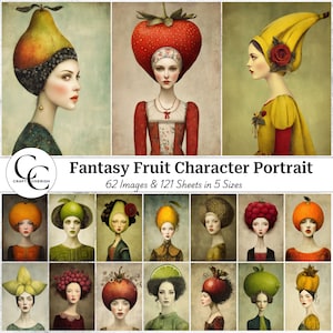 62 Whimsical Surreal Portrait, Fantasy Fruit Character, Papercraft Collage Printable, Junk Journal, Scrapbooking, Digital Download